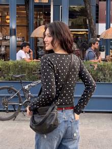 Women's Black Polka Dot V-Neck Tie-Front Knit Top, Short Slim Fit Flattering Blouse, Spring/Autumn Outerwear Layer - Black - View 6