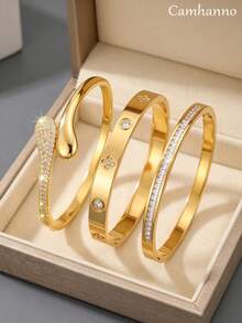 Camhanno Set Gelang Stainless Steel Emas 3 Buah Motif Ular Zirkonia yang Dapat Ditumpuk untuk Wanita, Cocok untuk Pemakaian Sehari-hari - Emas - View 7