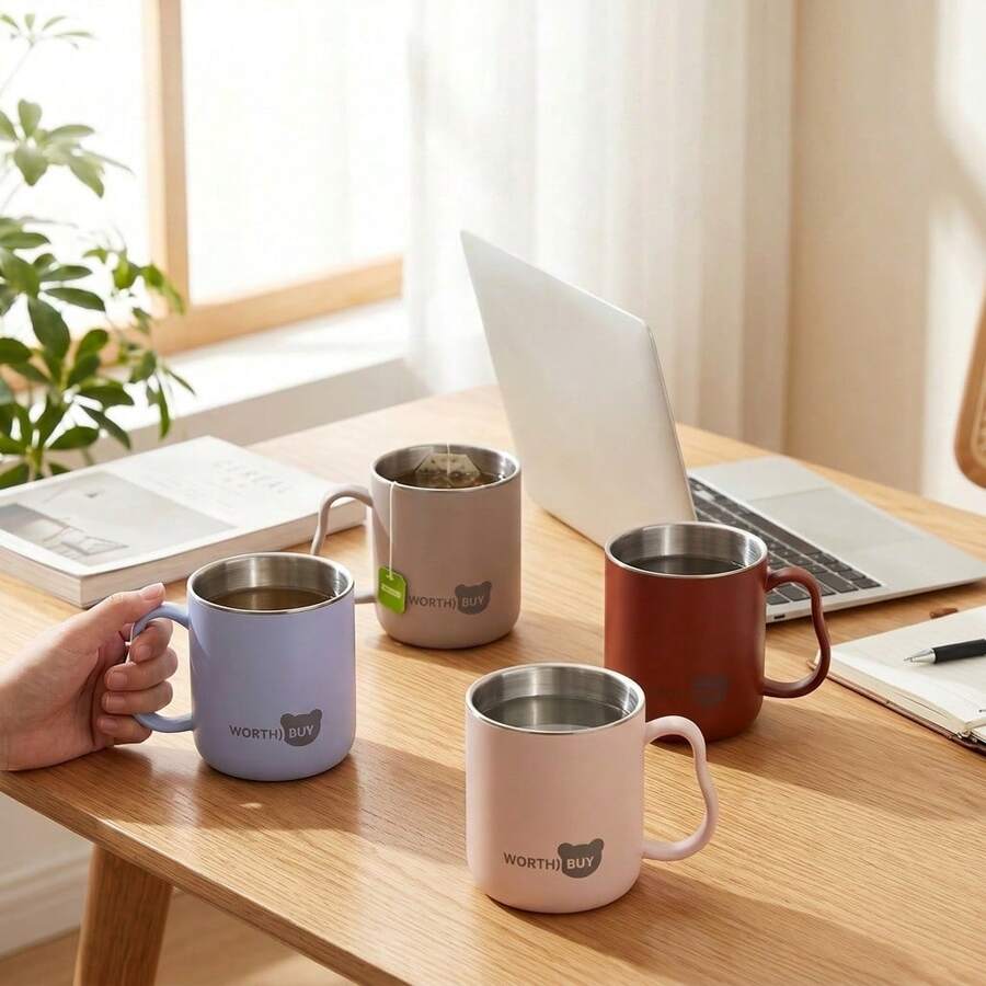 304 Stainless Steel Flat Bottom Coffee Mug, Unbreakable Double Wall Cup, Plastic Mugs With Handles, Reusable Milk Tea Cup For Student School Office - Multicolor - View 1