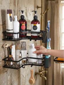 3/2/1pc No‑Drill Adhesive Corner Shower Shelf Set, With Soap Dish & 12 Hooks, Wall‑Mounted Space‑Saving Storage Rack, Practical Home‑DIY Supply, Hot Hardware For Shower Bath Room Household Tidy‑Up Projects - Multicolor - View 8