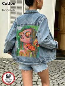 Women's Denim Jacket, Fashion Lady Print, DTG Printing, Vintage Washed Loose Fit - Light Denim Blue 4 - View 4