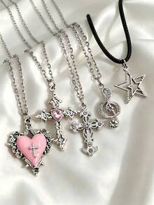 5pcs Gothic Style Pendant Necklace Set, Rhinestone Heart Cross Star Music Note Symbols, Women's Personalized Accessories - Multicolor - View 3