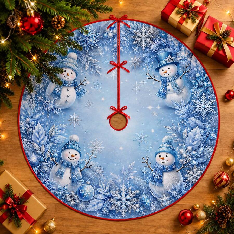 1pc Ice Blue Crystal Snowman Pattern Christmas Tree Skirt, Elegant Color Holiday Decoration, 5 Sizes, Unisex Holiday Gift, Suitable For Home And Party Christmas Decor - Ice Blue Crystal Snowman - View 1