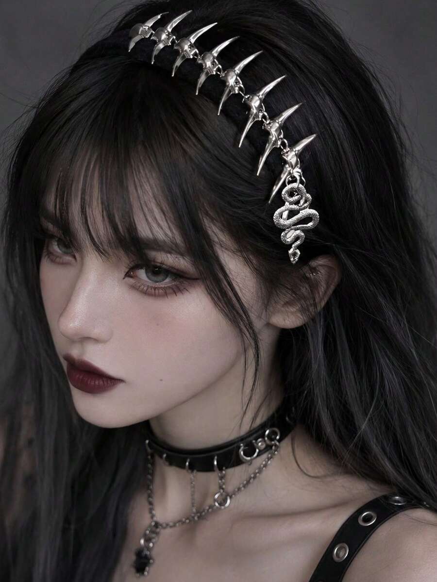 1pc Punk Black Metal Snake Bone Headband, Gothic/Y2K Style, Lolita Fashion Versatile Hair Accessory - Silver - View 1