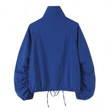 Jaket Pendek Wanita Musim Gugur Kerah Tegak Kancing Depan, Hem Tali Serut, Lengan Panjang Berkerut, Pakaian Luar Kasual Warna Polos - Biru - View 10