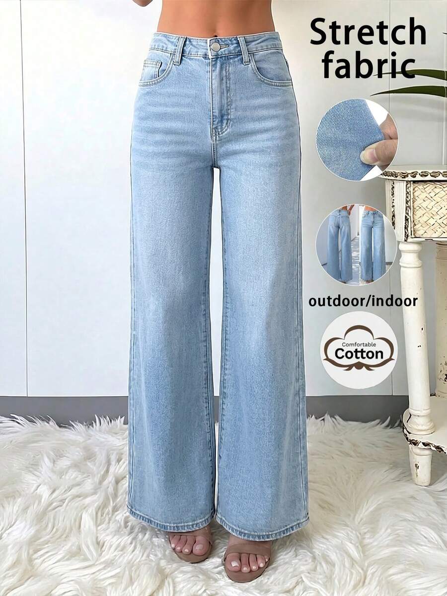 Women's Casual Light Blue Straight-Leg Jeans, Water-Washed Design With Versatile Tailoring, Comfortable And Stylish For Daily Wear - Light Wash - View 1