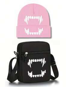 1pc/2pcs Halloween Vampire Teeth Print Knit Beanie Hat & Crossbody Bag Set, Unisex Printed Fall Winter Streetwear Accessories For Men Women - Multicolor - View 5