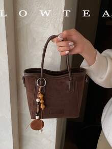 low tea 1pc Suede Bucket Handbag With Adjustable Shoulder Strap, Suitable For Commuting, Shopping, Etc. (With Pendant) - Coffee - View 8