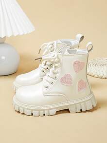 Girls Sweet Heart Decor Ankle Boots, Glitter Heart Applique Lace-Up Side Zipper Thick Sole Non-Slip Mid-Calf Boots - Beige - View 3