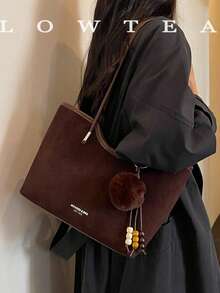 low tea 1pc Small Bucket Suede Fabric Shoulder Bag Suitable For Commuting, Shopping, Etc. (With Pendant) - Coffee - View 9