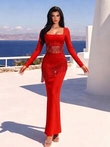 Women's Square Neck Long Sleeve Water Drop Pendant Bandage Dress Set - Red - View 3