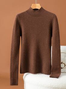 HEYMINI Fashionable Fake Collar Women's Wool Sweater, Slim Fit Long Sleeve Knit Pullover, Autumn/Winter Inner Layer Sweater, Brown Top - Brown - View 10