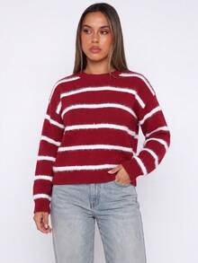 Fall Winter Women Contrast Fuzzy Stripe Knit Sweater, Crew Neck Drop Shoulder Long Sleeve Loose‑Fit Casual Pullover For Daily Streetwear - Red - View 5