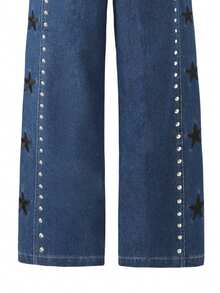 Tween Girls Blue Denim Jeans, Fashion Street Casual Style, Side Star Embroidery & Rhinestone Craft, Loose Straight Leg Wide Leg Pants, Suitable For Spring, Summer, Autumn, Winter - Blue - View 8