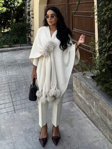SEREN Women's New Elegant Versatile Shawl, Pom Pom Design Knit Top, Suitable For Daily Wear And Gatherings - Beige - View 4