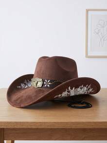 1pc Women's Embroidered Faux Suede Western Cowboy Hat, Wide Brim Rivet PU Decor Outdoor Hat, Suitable For Party And Daily Wear - Top Hat - View 11