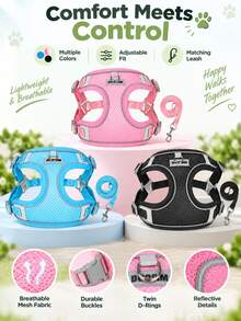 1 Set Harness & Tali Anjing Mesh Bernapas, Rompi Harness Hewan Peliharaan Lembut dengan Strip Reflektif yang Dapat Disesuaikan, Harness Jalan Ringan Anti-Lepas, Cocok untuk Anjing Sedang & Kecil untuk Perjalanan Harian Luar Ruangan Perlengkapan Hewan Peliharaan - Biru - View 7