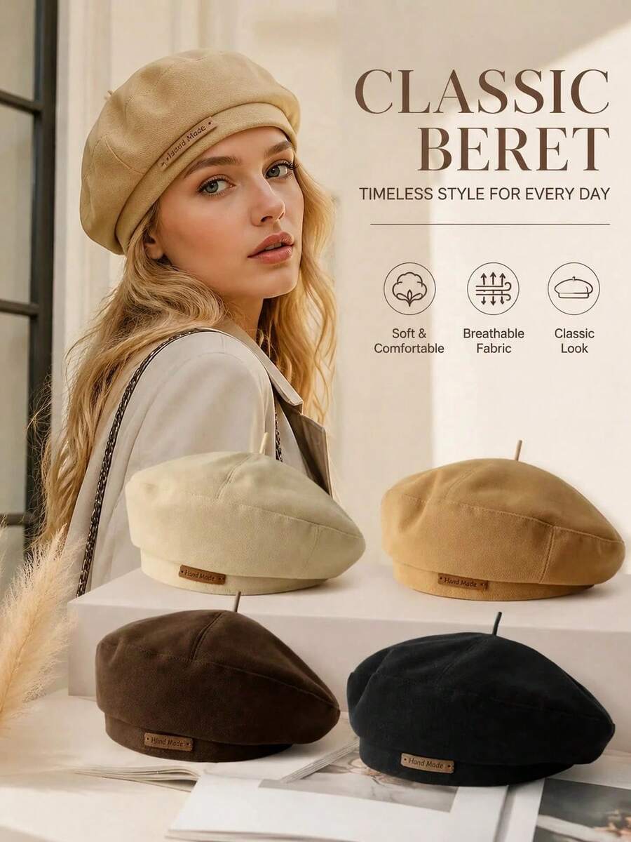 1pc Women's Autumn/Winter New Wool Beret Hat, British Style Painter Hat, Vintage Versatile, Face-Flattering, Unisex - Multicolor - View 1