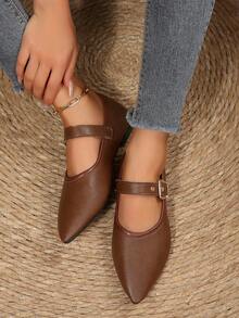 French Vintage Brown Pointed Toe Buckle Flat Ballet Shoes For Women, Soft Low Vamp Commuter Shoes - Brown - View 4