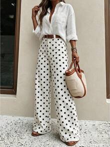 Women High Waist Polka Dot Wide Leg Pants, Elastic Loose Straight Leg Trousers Casual Work Office Long Pants,Fall Clothes For Women,Fall Style - White - View 3