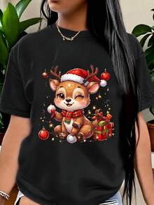 1 pieza Playera para mujer con estampado de reno lindo manga corta cuello redondo outfit cómodo aesthetic estilo kawaii para fiesta de Navidad invierno - Negro - Ver 1