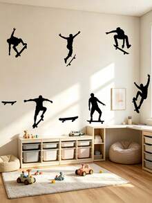 Skateboarder Silhouette Wall Decal, Removable Black Vinyl Skateboarder Pattern Wall Sticker, DIY Home Art Mural, Suitable For Boys Teen Bedroom Game Room Decor - Multicolor - View 5