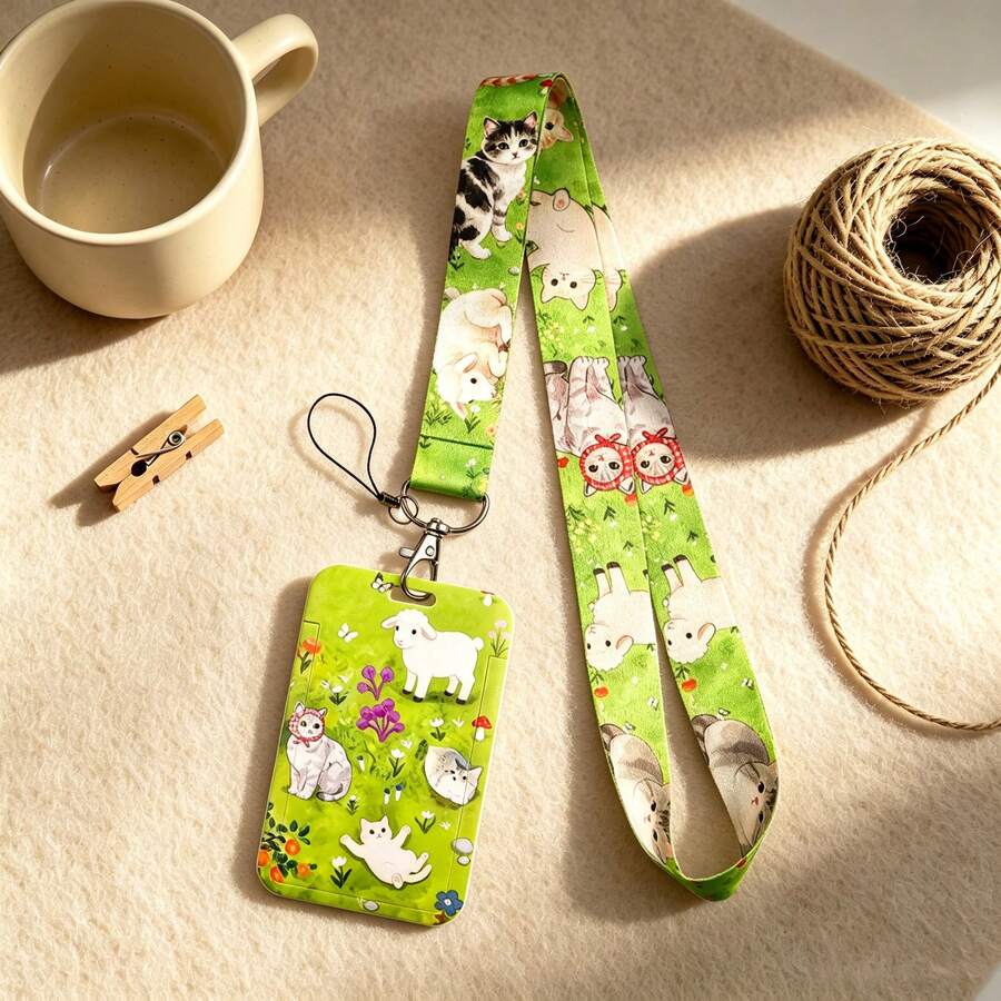 1 Piece Cute Sheep Cat Garden Lanyard ID Badge Card Holder, Neck Strap Card Cover For Students Office Travel Daily Gift - Multicolor - View 1