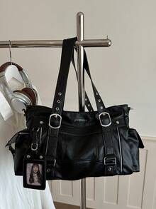 Solid Color Large Capacity Business Style Women's Bag, Simple And Fashionable Versatile PU Material Large Capacity Commuting Bag Crossbody Bag - Black - View 3