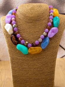 OABE 2pcs/Set Bohemian Style Handmade Mixed Color Asymmetric Beaded Necklace With Round Beads, Suitable For Women's Daily Wear, Random Bead Colors - Multicolor - View 7