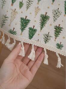 1pc Simple Pastoral Style Green Christmas Tree Pattern Tassel Lace Tablecloth, Single-Sided Printed Polyester Cotton Material, Winter Christmas Festival Atmosphere Rectangular, Square, Round Home Decor Dining Table Cloth, Suitable For Various Occasions Including Family Daily Activities, Birthday Parties, Holiday Gatherings Restaurant Tabletop Decoration - Multicolor - View 4