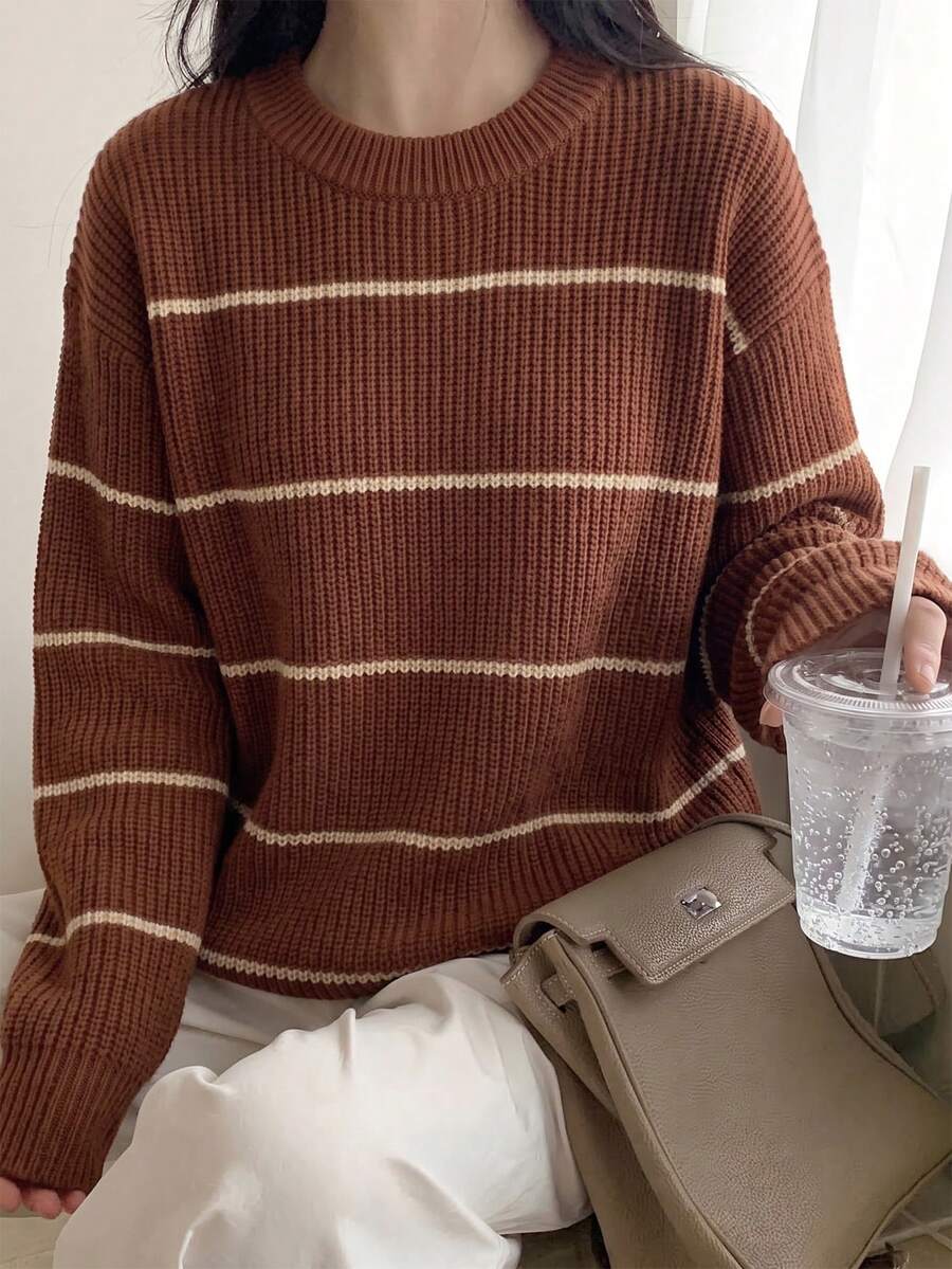1pc Girls/Teenagers Round Neck Knitted Sweater Striped Contrast Color Design Autumn/Winter - Brown - View 1