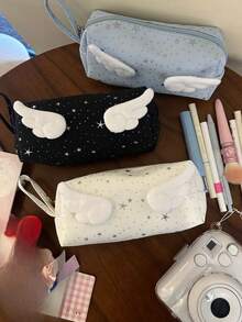 1pc Glitter Star Pattern Feather Decor Pencil Case, Large Capacity Makeup Bag For Girls, Portable Stationery Bag - Multicolor - View 2