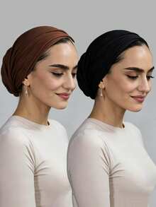 2pcs Modal Hijab Caps Adjustable Jersey Wraps Solid Color Basic Muslim Headscarf Underscarf For Women - Black+White - View 14