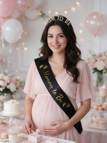 Expectant Mother Satin Shoulder Strap & Rhinestone Headband Set, Baby Shower Gender Reveal Party, Expectant Mother Gift Set, Black & White - 1 Set - Multicolor - View 4