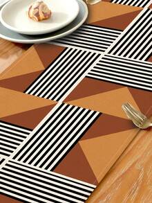 1pc Geometric Pattern Printed Table Runner, 4pcs Geometric Pattern Printed Placemats, Suitable For Holiday, Party, Birthday, Dinner, Kitchen Dining Table Decoration, All Season Room Decor, Home Textile Decoration Table Runner - Multicolor - View 10