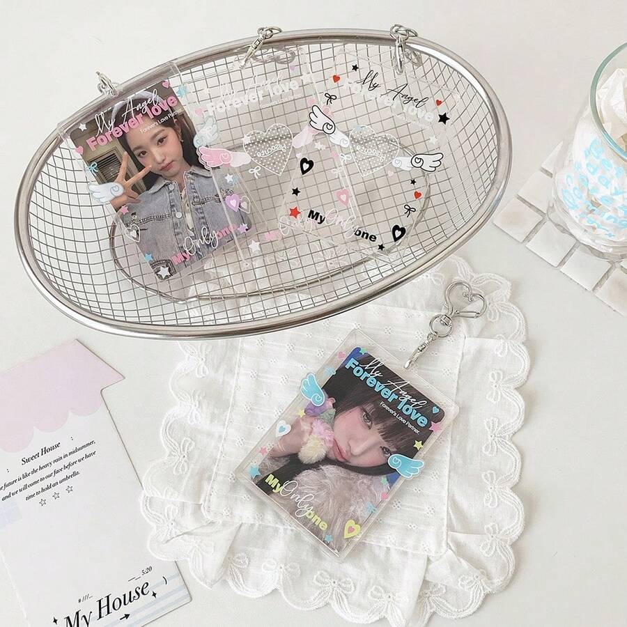 1pc Cute Angel Wings Acrylic Photocard Holder With Keychain, Transparent Heart K-Pop Photo Card Sleeve, Anime Merch Bag Charm Pendant For Girls