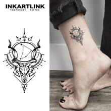 INKARTLINK 1PC Sacred Geometry Ram Skull & Constellation Temporary Tattoo Sticker, Waterproof Body Art Tattoo Sticker, Lasts 2-5 Days, Water Transfer Color Tattoo Sticker, Suitable For Men And Women, Essential For People, Party Decoration, Festival Celebration Body Decoration - Black - View 2