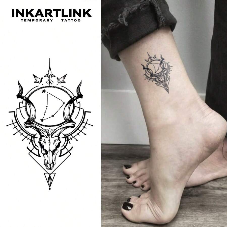 INKARTLINK 1PC Sacred Geometry Ram Skull & Constellation Temporary Tattoo Sticker, Waterproof Body Art Tattoo Sticker, Lasts 2-5 Days, Water Transfer Color Tattoo Sticker, Suitable For Men And Women, Essential For People, Party Decoration, Festival Celebration Body Decoration
