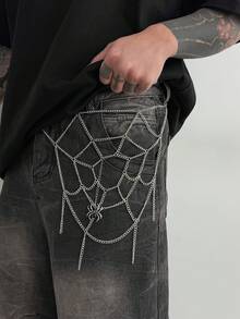 1pc Gothic Style Mesh Halloween Pants Chain, Hollow Spider Web Spider Pendant Waist Chain, Punk Hip Hop Style Jeans Accessory Gift For Autumn/Winter - White K - View 4