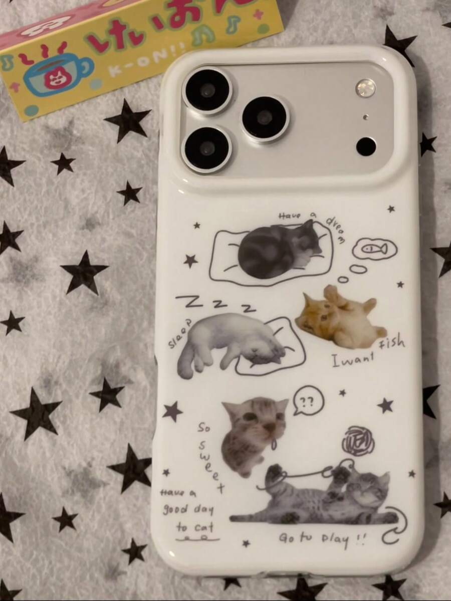 Graffiti Kitten Illustration Minimalist Ins Phone Case 17 Pro Max Protective 15 Women 16 Pro Dual Layer 16 Cartoon 17 Apple 15 Pro - White - View 1