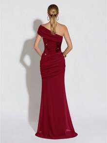 Shiny Patchwork Elegant Party Ruffle Asymmetrical Shoulder Dress, Suitable For Evening Date, Formal Dinner - Red - View 3