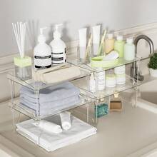 1pc Acrylic Cabinet Storage Rack, Stackable Kitchen Countertop Shelf, Spice Rack, Countertop Organizer Box, Transparent Plastic Storage Organizer Suitable For Cosmetics, Bathroom, Cabinet, Desk, Pantry - Clear - View 4