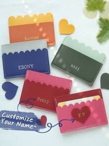 1pc Custom Name Duotone Scallop Card Case Customized Initals Credit Card Holder With A Fun Scalloped Shape Personalized Slim ID Card Wallet - Pastel - View 2