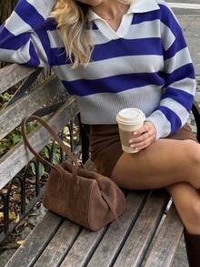 Women Fall Blue‑Grey Stripe Cropped Knit Sweater, Polo Collar V Neck Long Sleeve Drop Shoulder Ribbed Hem Jumper For Daily Campus Date Casual Outfits - Multicolor - View 8