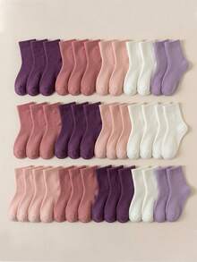 10 Pairs Girls' Terry Socks, Pink, Purple, White, Solid Color, Autumn/Winter Style, Children's Terry Socks, Soft & Warm, Thick, Simple Mid-Calf Socks, Cute, Fashionable, Versatile, Suitable For Daily Wear, Random Colors - Multicolor - View 1