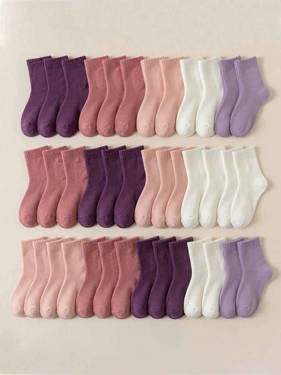 10 Pairs Girls' Terry Socks, Pink, Purple, White, Solid Color, Autumn/Winter Style, Children's Terry Socks, Soft & Warm, Thick, Simple Mid-Calf Socks, Cute, Fashionable, Versatile, Suitable For Daily Wear, Random Colors - Multicolor - View 1