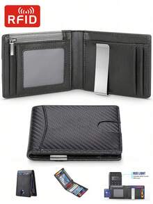 Dompet Serat Karbon untuk Pria, Dompet Lipat Tipis Pendek dengan Klip Uang, Kantong Koin Berresleting, Jendela ID, Dompet Pintar Minimalis Anti-Pencurian - MultiWarna - View 3