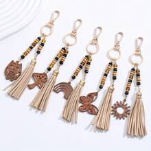 European American Fashion/New Retro Handmade Beaded/Microfiber Tassel Wood Carving/Rainbow Sun Owl Butterfly Mushroom Keychain - Multicolor - View 2