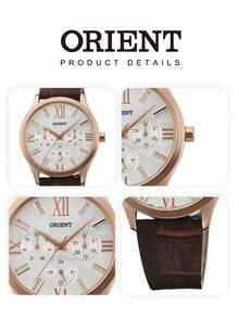 Orient Women's Quartz Multi‑Function Watch Gold‑Tone Case Roman Numeral & Crystal‑Set Markers Dark Brown Embossed Leather Strap Business Casual Ladies Watch - Gold - View 5