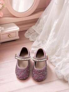1 Pair 2026 Spring/Autumn Girls Pearl Rhinestone Glitter Round Toe Single Strap Flat Sweet Princess Shoes Suitable For Party Wedding Flower Girl - Pink - View 2